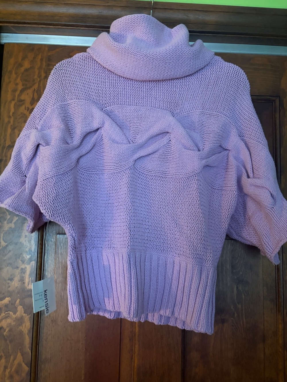 Kensie Lavender Cable-Front Cowl neck Short Sleeve Sweater